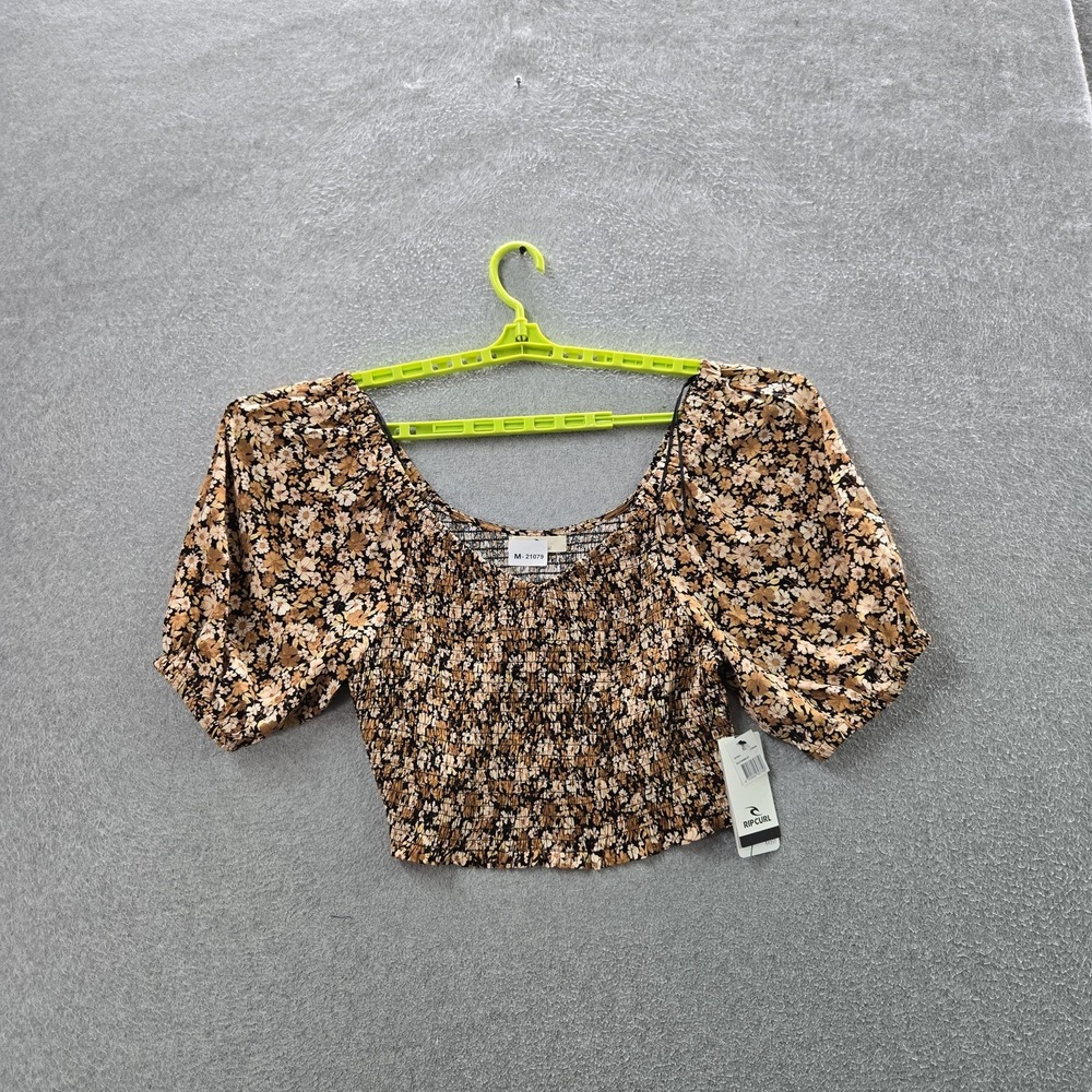 Rip Curl Women Blouse XL Brown Floral Cropped Sea Of Dreams Smocked Ruffle NWT